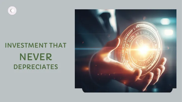 Visual concept of education as a glowing investment coin held in hands, symbolizing lifelong value and personal growth