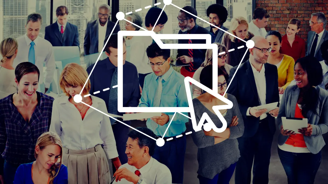 Diverse group of professionals networking in a modern office with a digital folder and cursor icon overlay, symbolizing connected talent pools and crowd staffing collaboration.